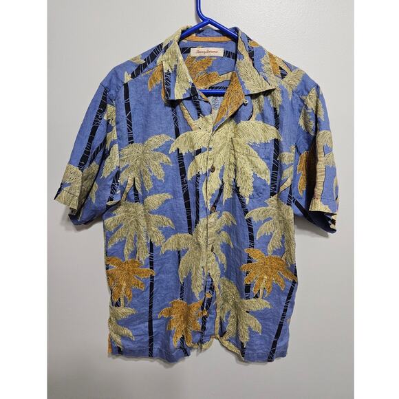 Men's Tommy Bahama 100% Linen SS Size M Blue Brown Palm Tree Camp Shirt - Picture 1 of 9